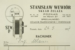 Stanislaw WIEWIÓR Železiarstvo, špecializujúce sa na stavebné a nábytkové kovania, Poznaň St. Marcin 27, ÚČTOVNÝ LIST z 26.5.1937.