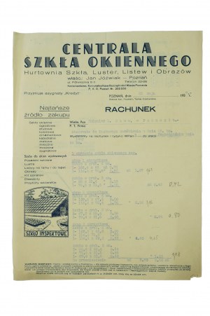 Centrala Szkła Okiennego Hurtownia szkła, mirrors, listew i obrazy JAN JÓŹWIAK Poznaň 25. mája 1937r.