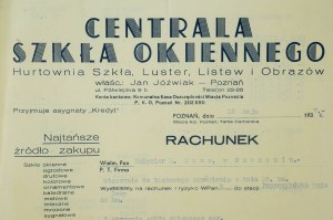 Centrala Szkła Okiennego Hurtownia szkła, mirrors, listew i obrazy JAN JÓŹWIAK Poznaň 25. mája 1937r.