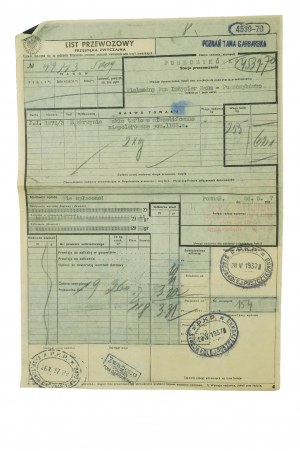 Nákladný list PKP na dodávku 2 debien sklenených tabúľ z Poznane Tama Garbarska do Puszczyka, datovaný 26.V.1937.