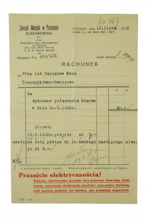 ELEKTROWNIA Zarząd Miejski w Poznaniu RACHUNE du 12 juillet 1938 pour une visite à domicile effectuée