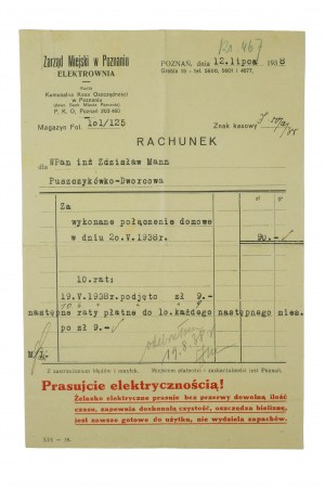 ELEKTROWNIA Zarząd Miejski w Poznaniu RACHUNE vom 12. Juli 1938 für einen Hausbesuch