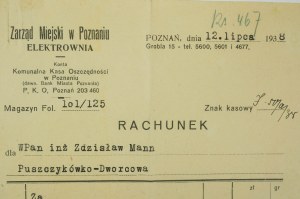 ELEKTROWNIA Zarząd Miejski w Poznaniu RACHUNE du 12 juillet 1938 pour une visite à domicile effectuée