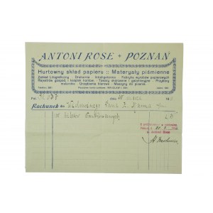 ANTONI ROSE Poznań Hurtowny skład papieru Materyały piśmienne RACHUNEK z 20 marca 1916r. na 100 biletów