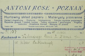 ANTONI ROSE Poznaň Velkoobchod s kancelářskými potřebami RACHEL ze dne 20. března 1916 na 100 jízdenek