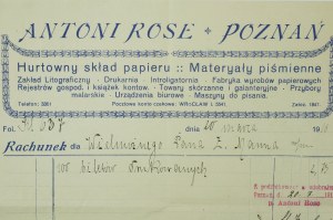 ANTONI ROSE Poznań Hurtowny skład papieru Materyały piśmienne RACHUNEK z 20 marca 1916r. na 100 biletów