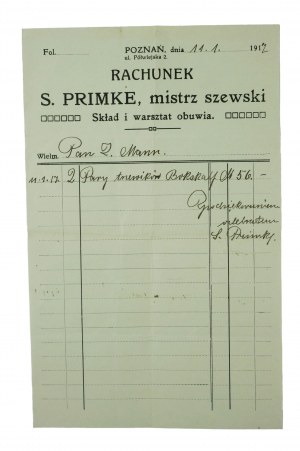 S. PRIMKE master shoemaker , shoe store and workshop, Poznań, 2 Półwiejska St., ACCOUNT dated 11.1.1917.