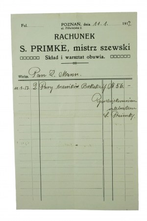S. PRIMKE maestro calzolaio, negozio e laboratorio di scarpe, Poznań, via Półwiejska 2, CONTO dell'11.1.1917.