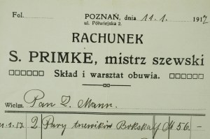 S. PRIMKE mistr obuvnický , obchod a dílna s obuví, Poznaň, ul. Półwiejska 2, ÚČET z 11.1.1917.