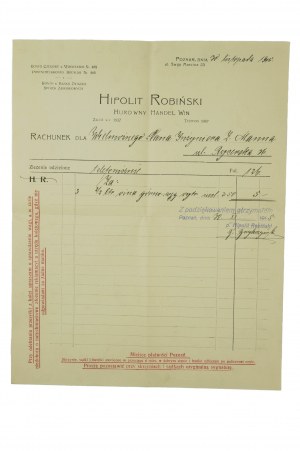 HIPOLIT ROBIŃSKI Wholesale wine trade [with error] Poznań ul. św. Marcina 23, dated November 30, 1916.