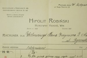 HIPOLIT ROBIŃSKI Hurtowny handel win [avec erreur] Poznań ul. św. Marcina 23, daté du 30 novembre 1916.