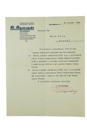 Spojené továrne na spracovanie dreva B. BYSTRZYCKI Orzechowo, KORESPONDENCIA z 25. januára 1938.