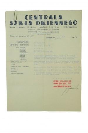 Centrala szkła okiennego JAN JÓŹWIAK Hurtownia szkła, luster, listew i obrazów , Poznań ul. Półwiejska 9b, KORESPONDENCJA z dnia 12 maja 1937r.