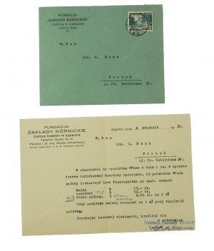 FUNDATION ZAKLADY KÓRNICKIE Dampfsägewerk in Gądki , KOPIE + KORRESPONDENZ vom 2. April 1938.