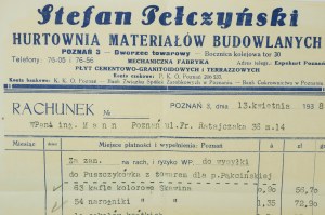 Hurtownia materiałów budowlanych Stefan Pełczyński, Poznań Dworzec towarowy, RACHUNEK z dnia 13 kwietnia 1938r.