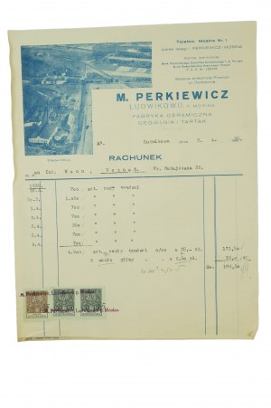 M. PERKIEWICZ Keramická továreň, tehelňa, píla, LUDWIKOWO p. Mosina, ÚČET z 9.4.1935.