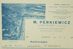 M. PERKIEWICZ Keramická továrna, cihelna, pila, LUDWIKOWO p. Mosina, ÚČET ze dne 9.4.1935.