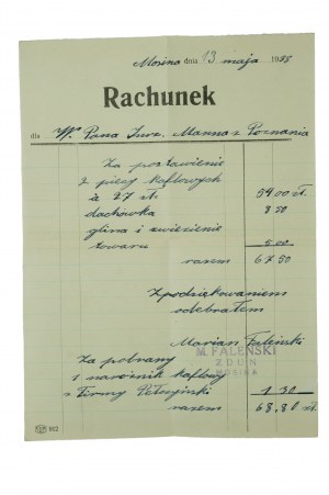 M. FALEŃSKI Zdun , Mosina, ÚČET ze dne 13. května 1938 za postavení 2 kachlových sporáků.