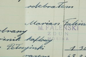 M. FALEŃSKI Zdun , Mosina, ÚČET ze dne 13. května 1938 za postavení 2 kachlových sporáků.
