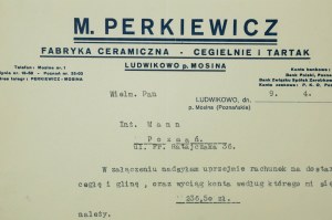 M. PERKIEWICZ Keramická továreň, tehelňa a píla , LUDWIKOWO p. Mosina, KORESPONDENCIA z 9.4.1935.