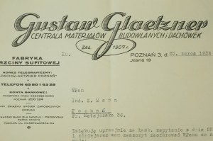 GUSTAW GLAETZNER Riaditeľstvo pre stavebné materiály a strešné škridly, Továreň na stropné trstiny, Poznaň, ulica Jasná 19, KORESPONDENCIA z 25. marca 1936.