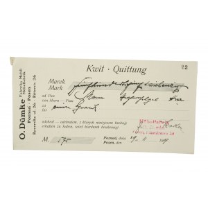 O. Dümke Fabryka mebli, Poznań ul. Rycerska 36, KWIT na 575 marek z dnia 29.II.1919r.
