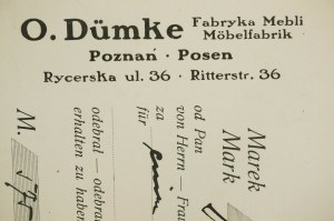 O. Dümke Furniture Factory, Poznań, Rycerska 36, KWIT za 575 marek ze dne 29.II.1919.