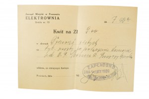ELEKTROWNIA Zarząd Miejski w Poznaniu KWIT pour 9 zlotys payés le 14 février 1939.