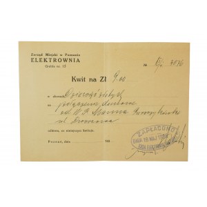 ELEKTROWNIA Zarząd Miejski w Poznaniu KWIT for 9 zlotys paid on May 19, 1938. Cashier's Office of the City Power Plant