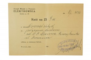 ELEKTROWNIA Zarząd Miejski w Poznaniu KWIT für 9 Zloty, bezahlt am 19. Mai 1938. Kasse des städtischen Elektrizitätswerks