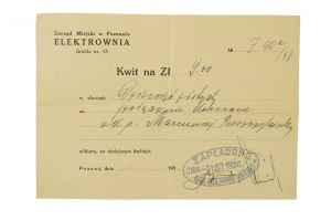 ELEKTROWNIA Zarząd Miejski w Poznaniu KWIT za 9 zlotých zaplatených 7. novembra 1938. Pokladňa Mestskej elektrárne