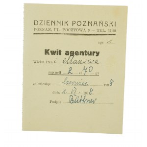 DZIENNIK POZNAŃSKI Poznań ul. Pocztowa 9 , KWIT AGENTURY czerwiec 1938r.
