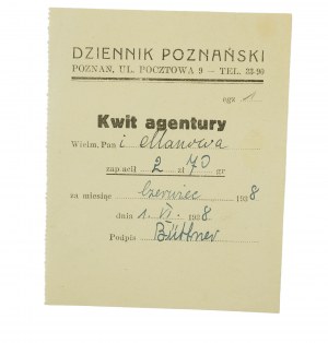 DZIENNIK POZNAŃSKI Poznań 9 Pocztowa St. , KWIT AGENTURY Juni 1938.
