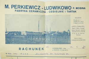 M. PERKIEWICZ Keramická továreň - tehelňa a píla , LUDWIKOWO p. Mosina ÚČET zo dňa 16.2.1938.