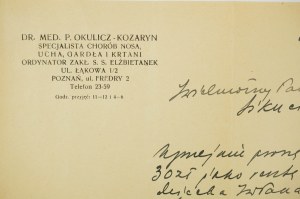 Dr. med. P. OKULICZ - KOZARYN, primář oddělení S.S. sester Alžbětinek v Poznani , ŽÁDOST o zaplacení zbytku poplatku za operaci, autogram primáře oddělení.