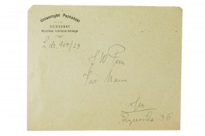 UNIVERSITÄT POZNAŃ Rektorat und Dekanat der Fakultät für Land- und Forstwirtschaft, Umschlag und Schriftverkehr vom 16.10.1923.