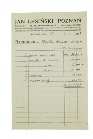JAN LESIŃSKI Poznan Fr. Ratajczaka St. ACCOUNT for the Department of Agriculture and Forestry of the University of Poznan for the purchase of brushes, shovel, bucket and shavings dated 28.4.1923.