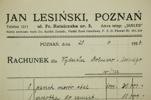 JAN LESIŃSKI Poznań ul. Fr. Ratajczaka RACHUNEK dla Wydziału Rolniczo-Leśnego Uniwersytetu Poznańskiego za zakup szczotek, szufelki, wiadra i wiórów z dnia 28.4.1923r.