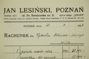 JAN LESIŃSKI Poznaň, ul. Fr. Ratajczaka ÚČET pro zemědělský a lesnický odbor poznaňské univerzity za nákup kartáčů, lopat, kbelíků a hoblin z 28.4.1923.