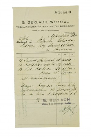 G. GERLACH Fabbrica di strumenti di misurazione e disegno di Varsavia OFFERTA alla Facoltà di Agraria e Forestale dell'Università di Poznan del 21.10.1921.