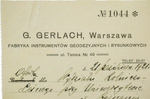 G. GERLACH Fabrique d'instruments de mesure et de dessin de Varsovie OFFERT à la Faculté d'agriculture et de sylviculture de l'Université de Poznan en date du 21.10.1921.