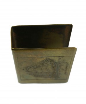 Matchbox container with drawing of triple-masted ship 
