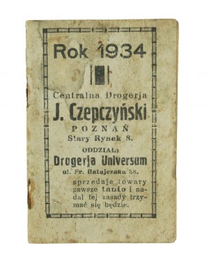 Centrala Drogeryjna J. Czepczyński KALENDARZYK na rok 1934, četné inzeráty vydavatele