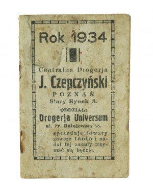 Centrala Drogeryjna J. Czepczyński KALENDARZYK na rok 1934, početné inzeráty vydavateľa