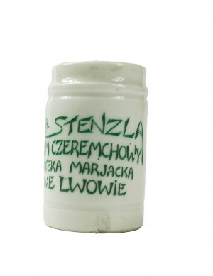 [Lemberg] Dr. A. Stenzel's Creme der Tscheremcha Mariacka Apotheke in Lemberg, originale Cremedose mit einer Werbung für ein bestimmtes Angebot in der Apotheke, signiert Chodzież, [W].