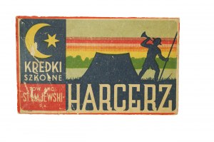 Towarzystwo Akcyjne St. Majewski S.A. , cardboard lid of HARCERZ school crayons package with advertisement, [AW].