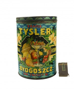 [Bydgoszcz] TYSLER Brothers Candy Factory , originálna veľká plechovka s továrenskou reklamou, [W].