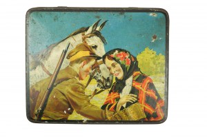Ferdinand BOHM & Co. scatola originale in metallo con copia dipinta di un quadro di W.Kossak sul coperchio