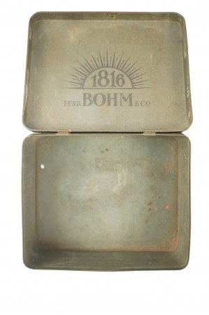 Ferdinand BOHM & Co. originální kovová plechovka s malovanou kopií obrazu W. Kossaka na víku