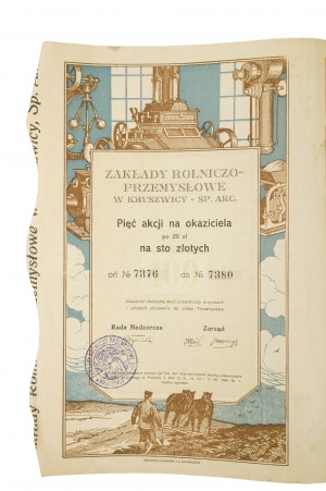 [NEKVOTOVANÁ AKCIA!] Zakłady Rolniczo-Przemysłowe w Kruszwicy Sp. Akc. 5 akcií na doručiteľa po 20 zlotých za sto zlotých, akcia so sadou kupónov, 1924, VELMI ZRADA